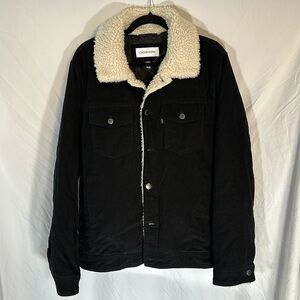Calvin Klein Mens Black Elite Corduroy Jacket White Sherpa Collar Quilted Lining